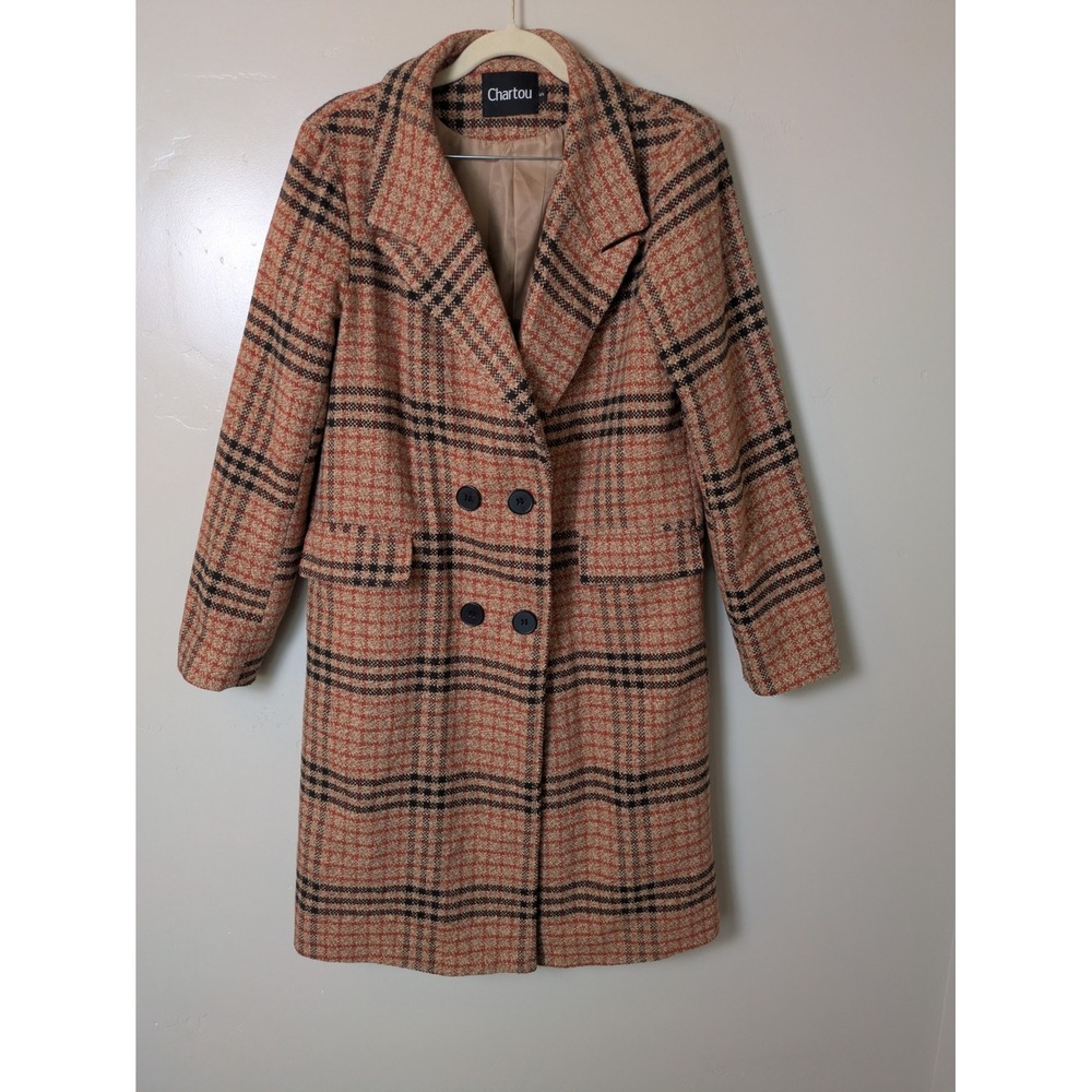 Chartou Womens Plaid Double‎ Breasted Wool Blend Coat Size S Tan Orange Black
